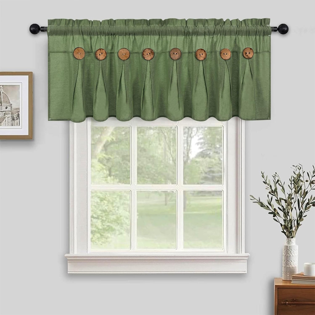 Farmhouse Valance Curtains, Boho Cotton Linen Kitchen Valance, Olive Green Rustic Button Window Valances for Kitchen