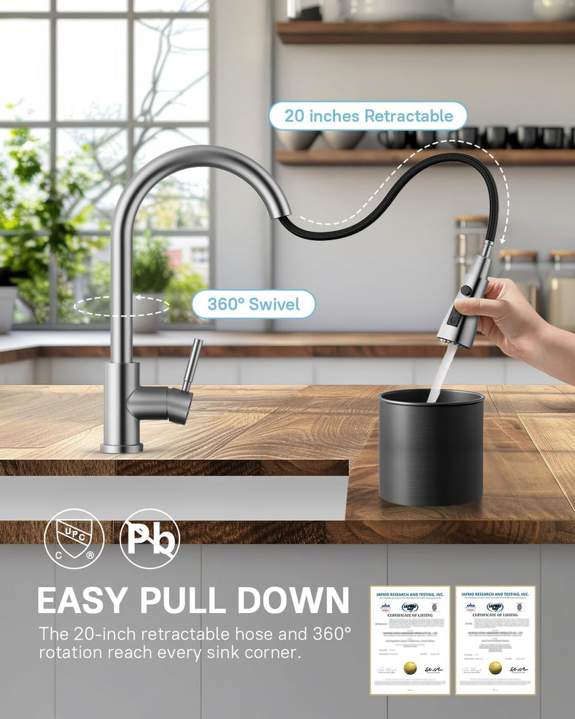 Kitchen Faucets with Pull Down Sprayer, Leak-Proof Stainless Steel Lead-Free Single Handle 1 Hole for Family Kitchen