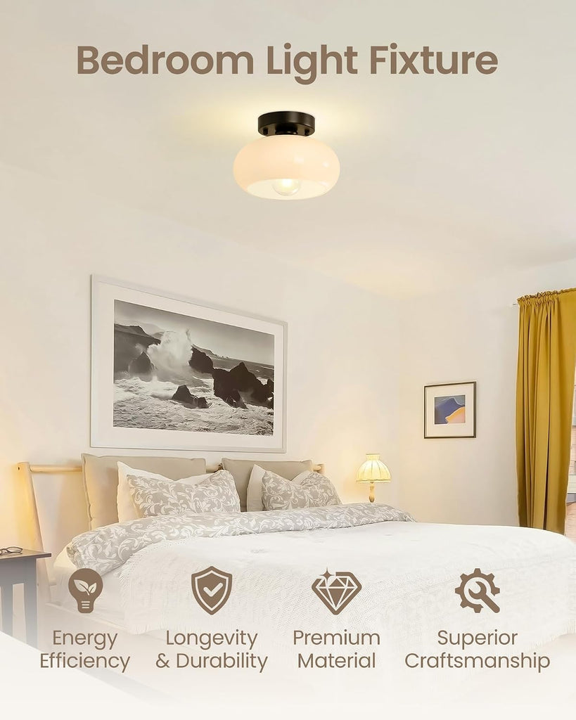 Semi Flush Mount Ceiling Light, Black Light Fixture, Mid-Century Modern Farmhouse Milk Glass Small Light Fixtures