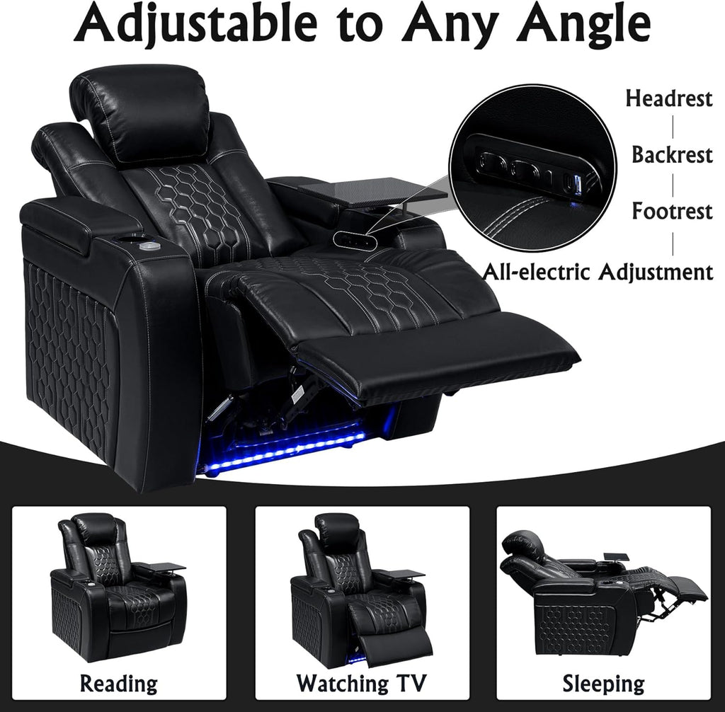 Home Theater Seating,Top-Grain Leather Recliner Sofa, Zero Gravity Power Reclining Couch with Ambient LED Lights