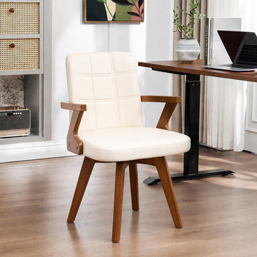 Mid Century Modern Home Office Chair with Walnut Finish, Ergonomic Faux Leather Desk Chair with Silent Rolling