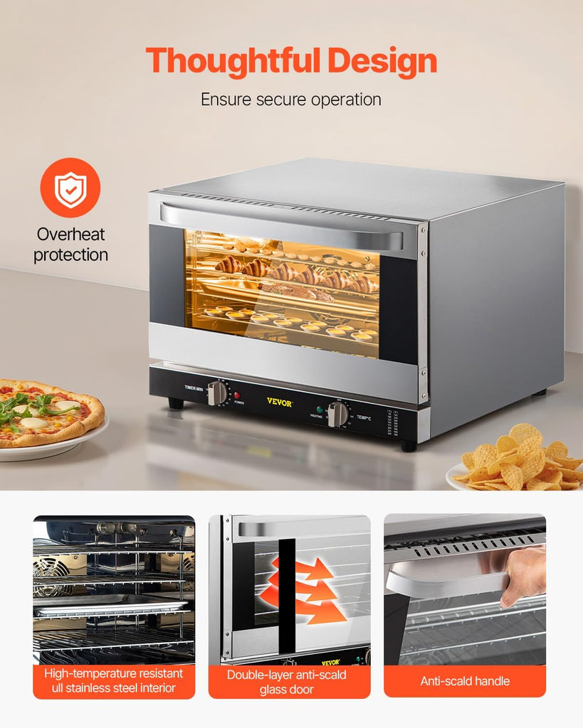 Commercial Convection Oven, 47L/43Qt, Half-Size Conventional Oven Countertop, 1600W 4-Tier Toaster w/Front Glass Door