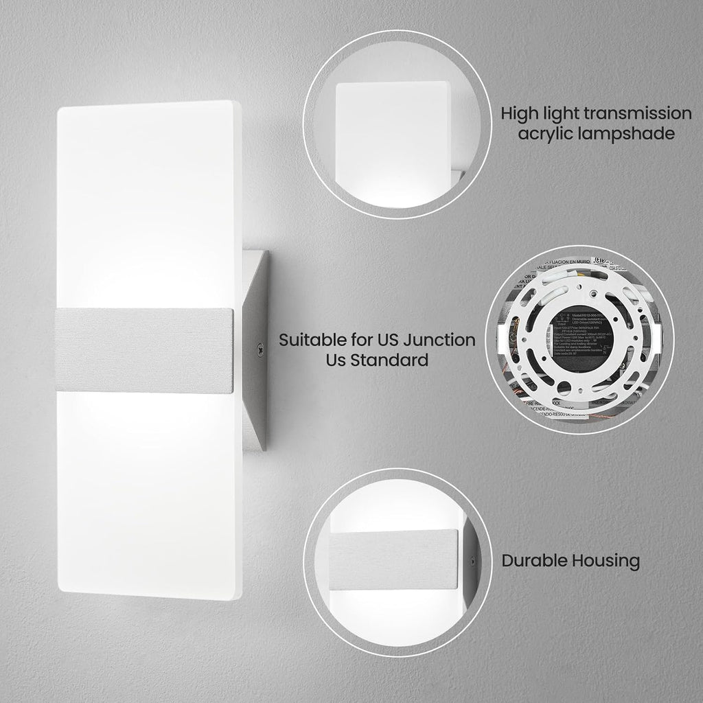 LED Wall Sconces Set of Two, Dimmable Indoor Wall Lights, 2700K-5000K Adjustable, Hardwired Acrylic Wall Lamps