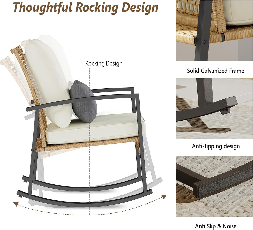 3 Piece Patio Rocking Chairs Set of 2, Outdoor Rocking Chair Bistro Set with Tempered Glass Coffee Table and Thick