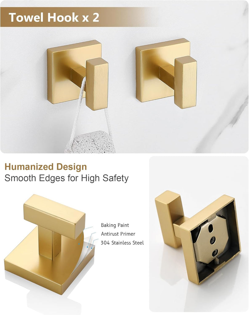 Brushed Gold Bathroom Accessories, Toilet Paper Holder, Towel Ring & Hooks | Bathroom Hardware Set, Toilet Paper