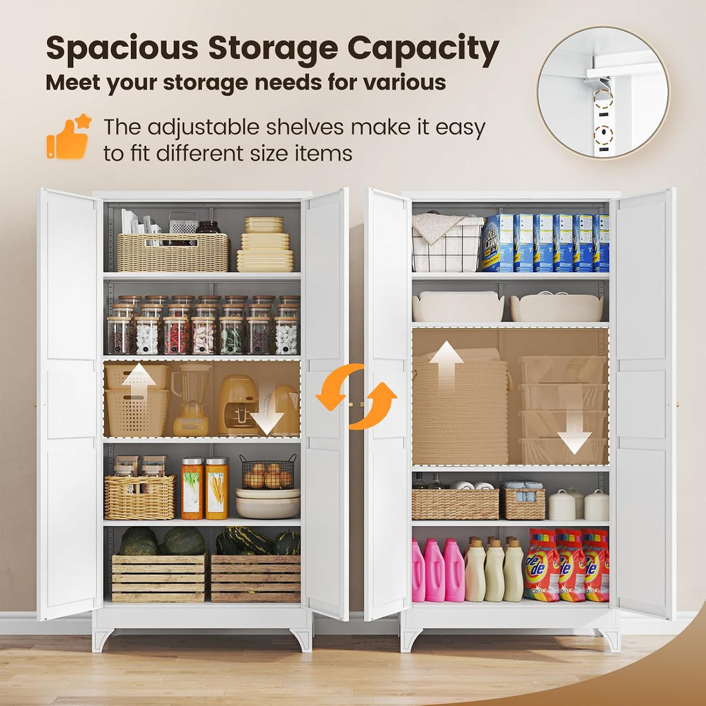 Metal Pantry Cabinet, 75" Kitchen Pantry with 2 Door and 4 Adjustable Shelves,White Metal Pantry Storage