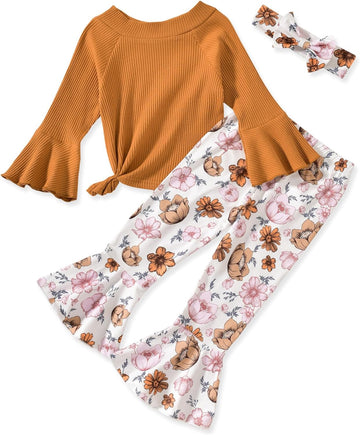 Toddler Little Girls Long Flare Sleeve Tops Bell Bottom Pants Outfit with Headband