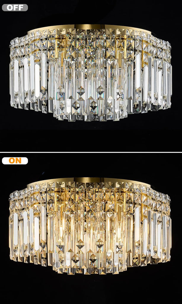 Flush Mount Crystal Chandelier, 18 inch Modern Crystal Ceiling Lights with Warm White Light Bulb (2700K), Flush Mount