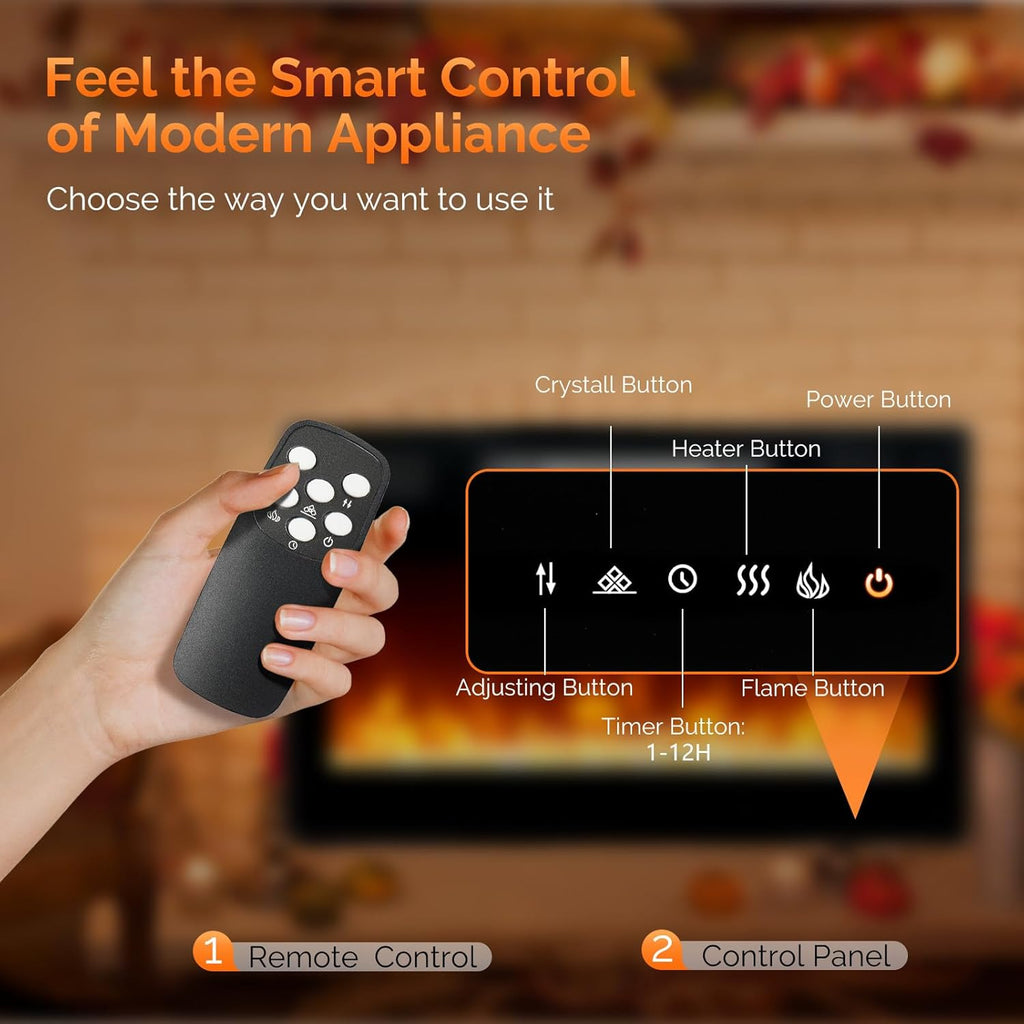 30 Inch Electric Fireplace with Remote Control, 1500W Wall Mounted & Recessed Fireplace with 12H Timer