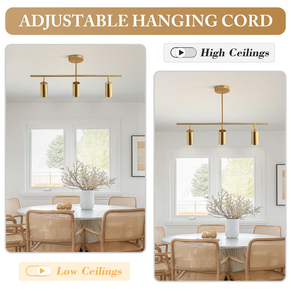 Lighting Linear Pendant Light Ceiling Track Spotlight Gold 3-Light with Rods Adjustable Hanging Lighting Fixture