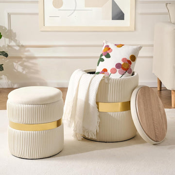 Round Ottoman with Storage Set of 2 Small Ottoman Coffee Table, Foot Stool, Vanity Chair, Removable Lid, Assembly