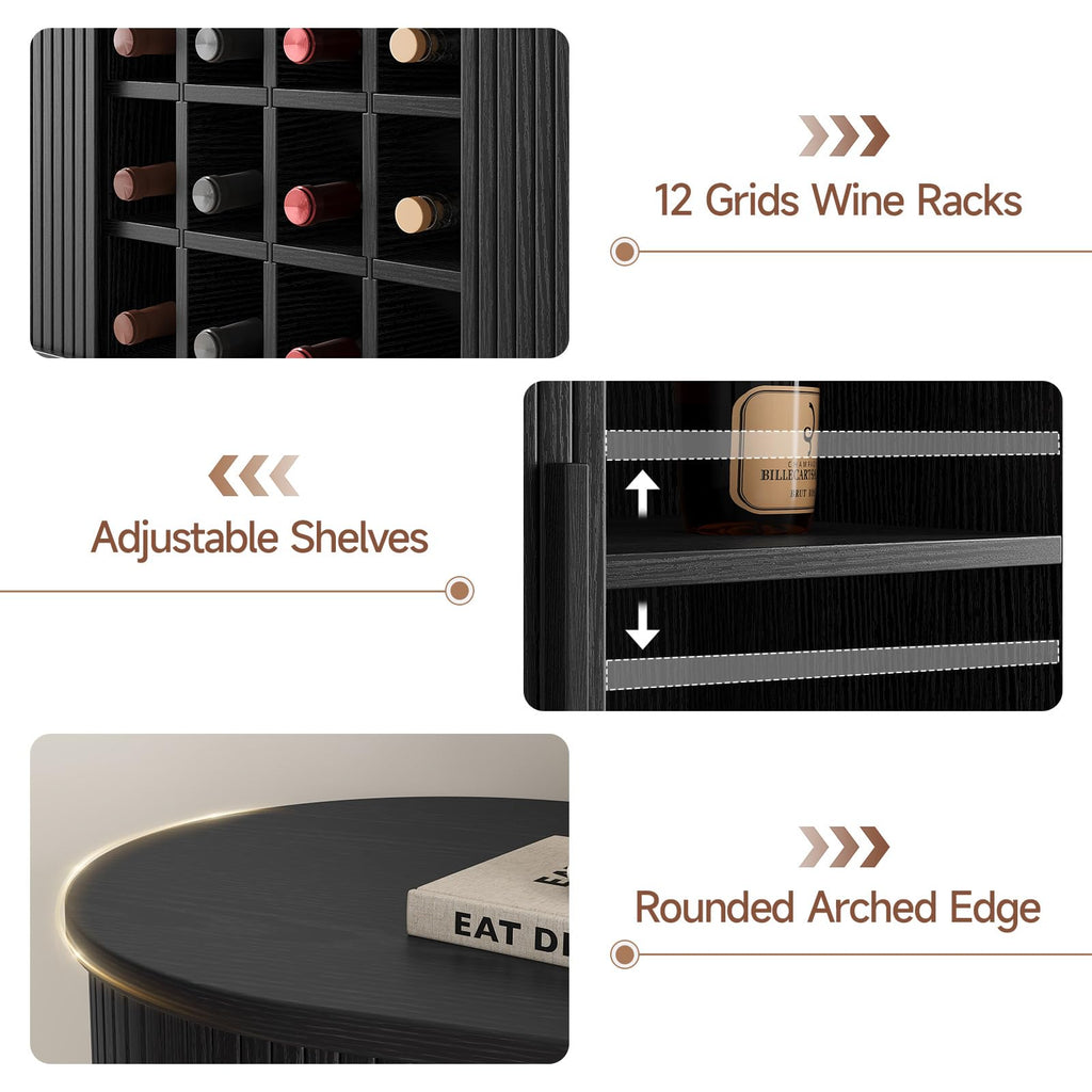 55 Inch Fluted Wine Bar Cabinet with LED Light, Black