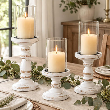 White Wooden Hurricane Candle Holders for Pillar, Farmhouse Decor | Set of 3 Vintage Rustic Farmhouse Candlestick