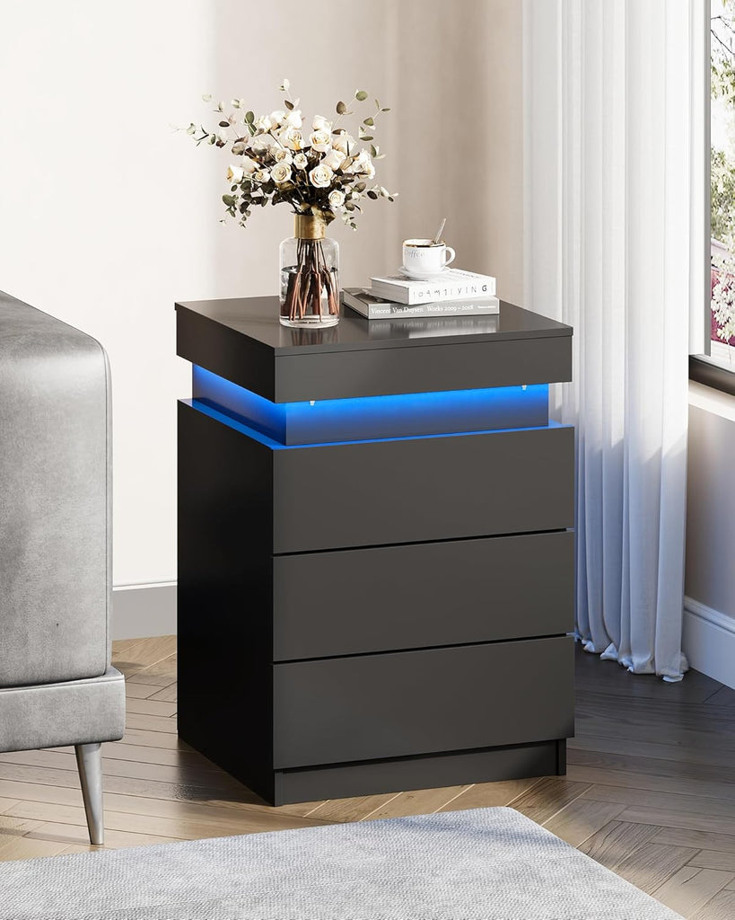 Black Nightstand with Charging Station & LED Lights, Modern Night Stand with 3 Drawers and Sliding Top, Bedside Table