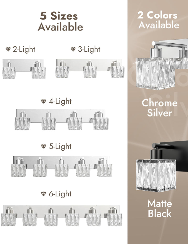 3-Light Crystal Bathroom Vanity Light Square, Chrome