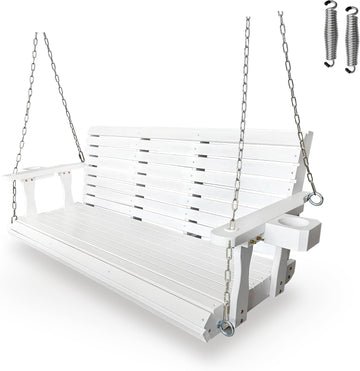 Wooden Porch Swing 3-Seater, High Backrest and Deep Seat, Bench Swing with Cupholders, Hanging Chains and 7mm