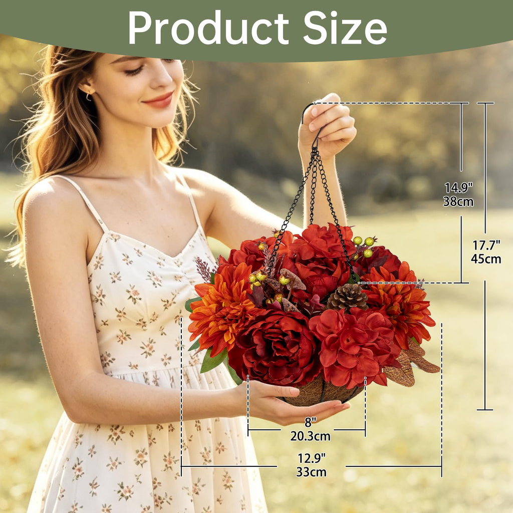 13" Fall Hanging Baskets Medium Peonies Dahlia Artificial Fall Hanging Decor Fake Flower Red Orange Faux Plants