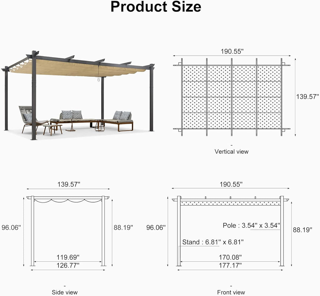 12' X 16' Outdoor Pergola with Retractable Canopy Aluminum Shelter for Porch Garden Beach Sun Shade Pavilion Grape