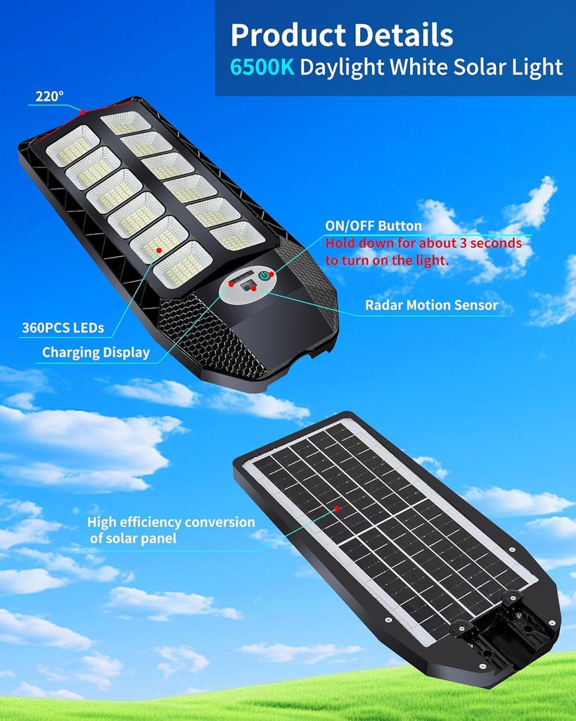 1-Pack 5000W Solar Powered Outdoor Motion Sensor Street Light | IP66 Waterproof 6500K Dusk to Dawn 20000 Lumens LED