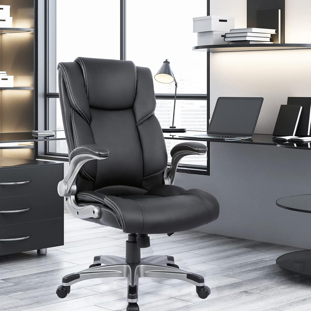 High Back Executive - Padded Leather Ergonomic Computer Desk Chair with Inflatable Lumbar Support & Flip-Up Arms