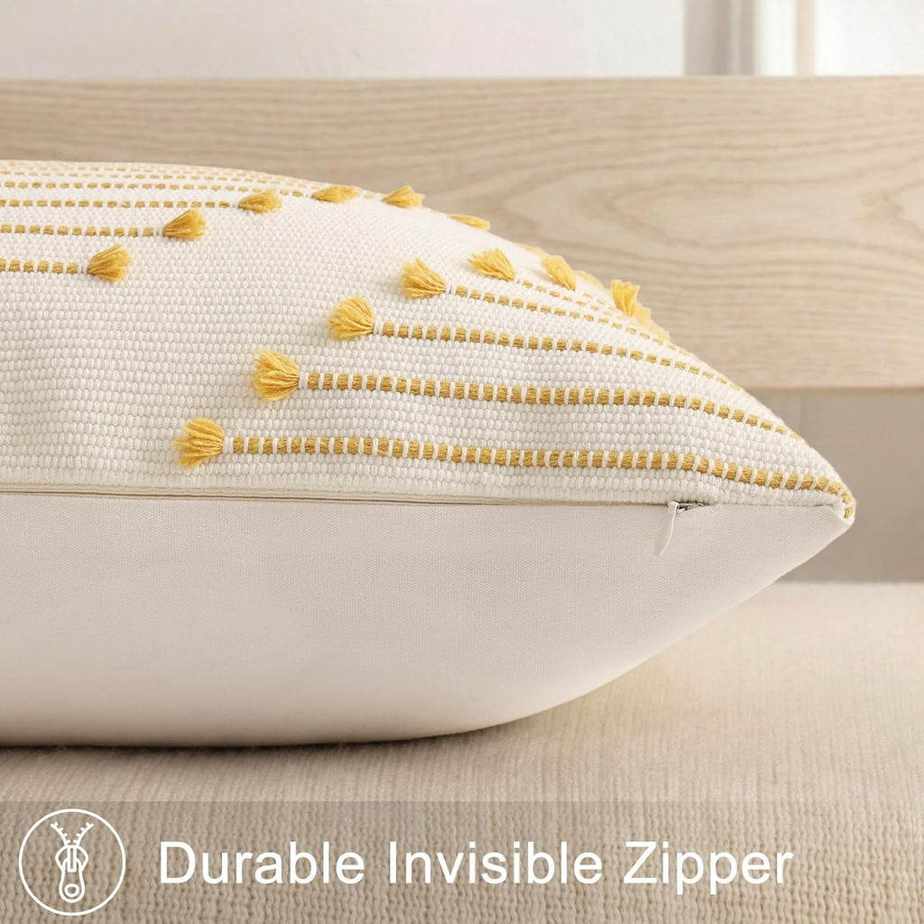 Boho Summer Outdoor Throw Pillow Covers 12X20 Set of 2, Farmhouse Lumbar Pillow Covers, Yellow & White