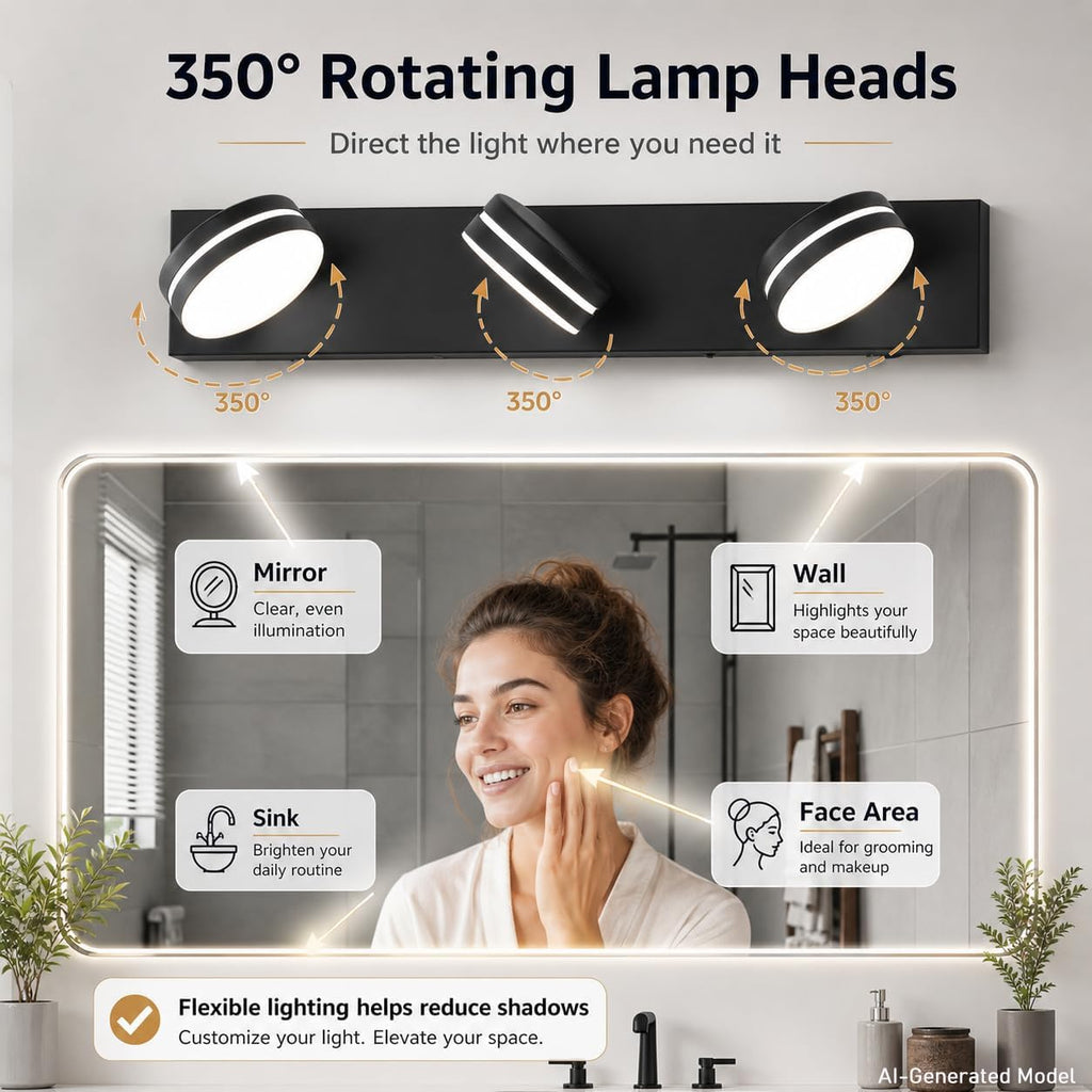 3-Light Bathroom Vanity Light Over Mirror, (24inch Dimmable) Matte Black LED Vanity Lighting Fixtures, Modern