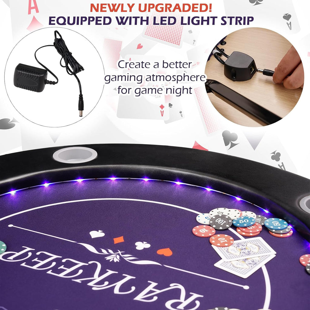 71" LED Poker Table - 8 Player Foldable Texas Hold'em Table with Built-in LED Lights, Padded Rails & 8 Cup Holders