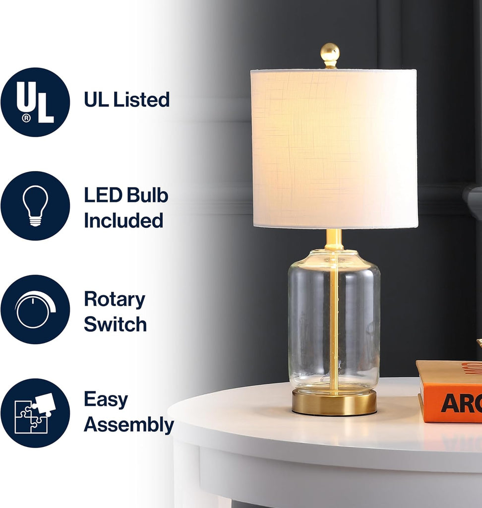 19.5" Brass Gold and Clear Glass Table Lamp, Glam Transitional Bedside Lamp Nightstand, White Linen Drum Shade