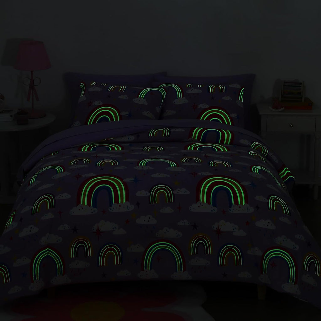 Full Comforter Set for Girls-7 Pieces Purple Rainbow Glow in the Dark Full Bedding Sets for Kids