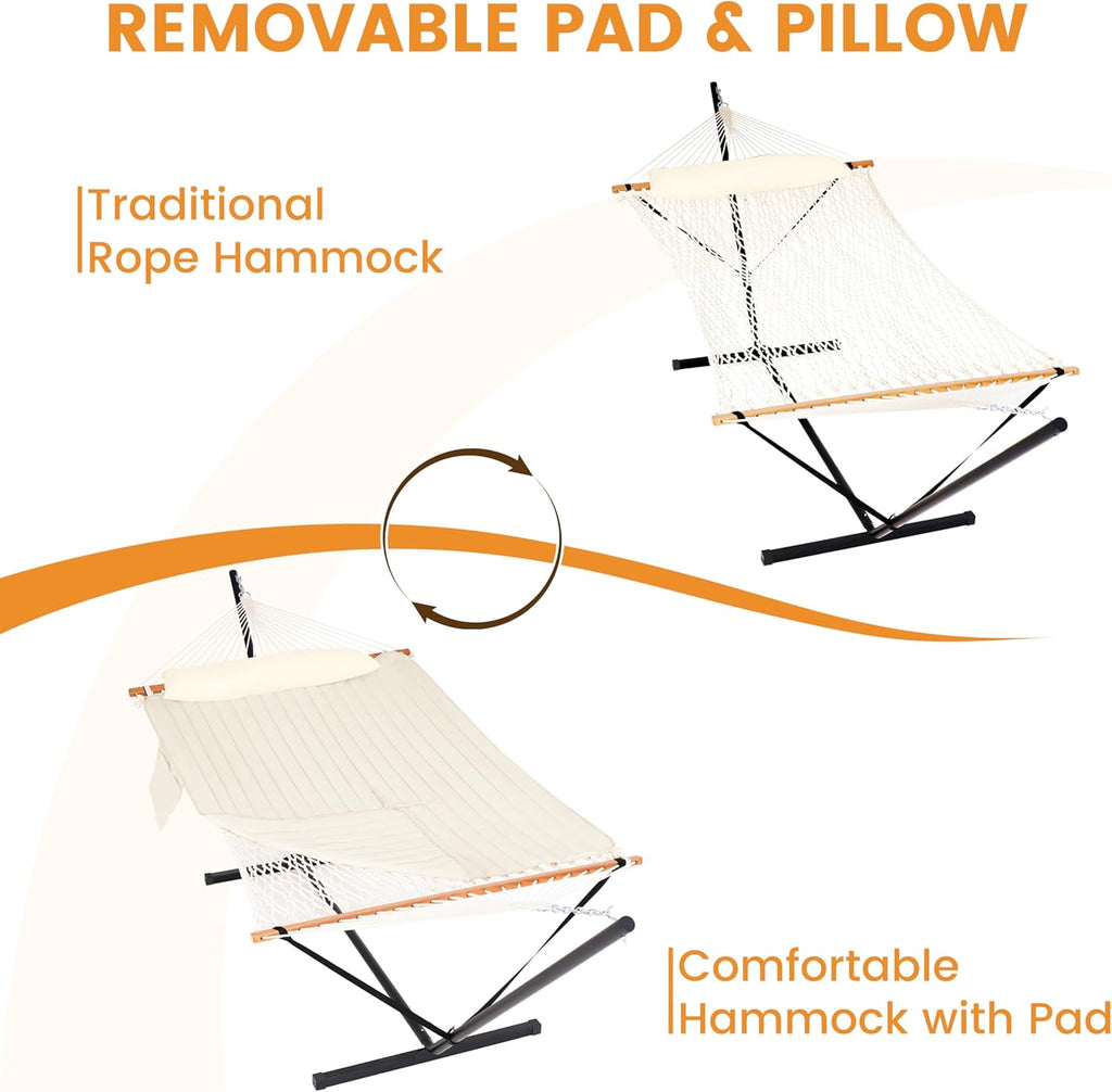 2 Person Portable Hammock with 12FT Stand, Double Hand Woven Cotton Rope Hammock with Detachable Quilted Pad & Pillow