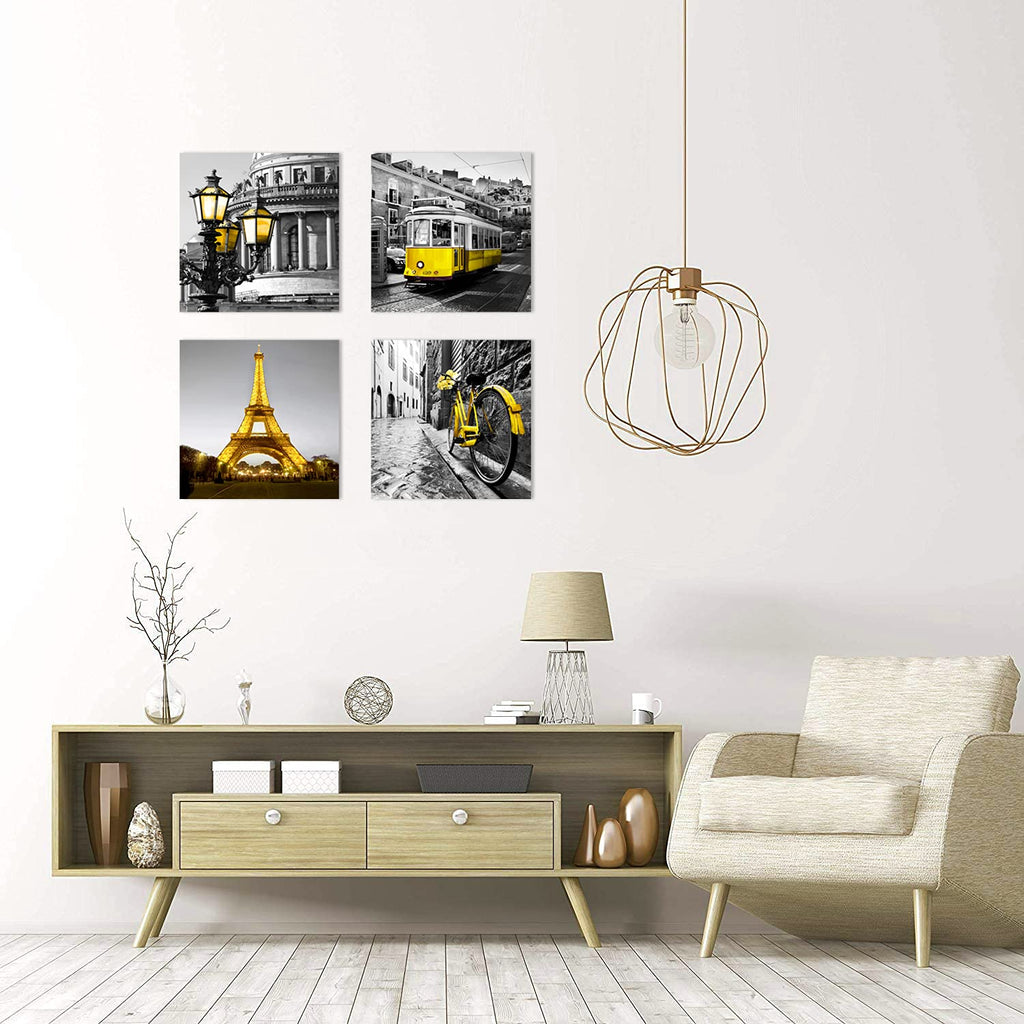 London Paris Decor Wall Canvas Print Black and White Eiffel Tower 4 Panels Yellow Pictures Decorations Living Room