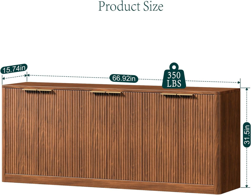 67" Fluted Walnut Buffet Cabinet Sideboard with Storage, Large Credenza with 6 Doors