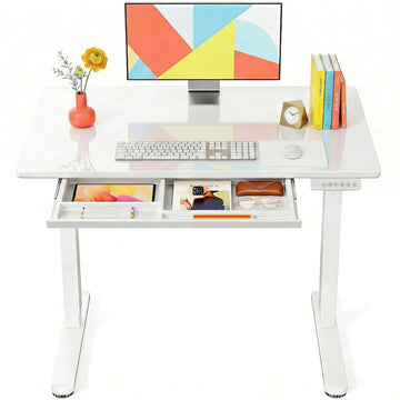 37 x 22 inch Glass Standing Desk with 4-Zone Drawer Storage, White
