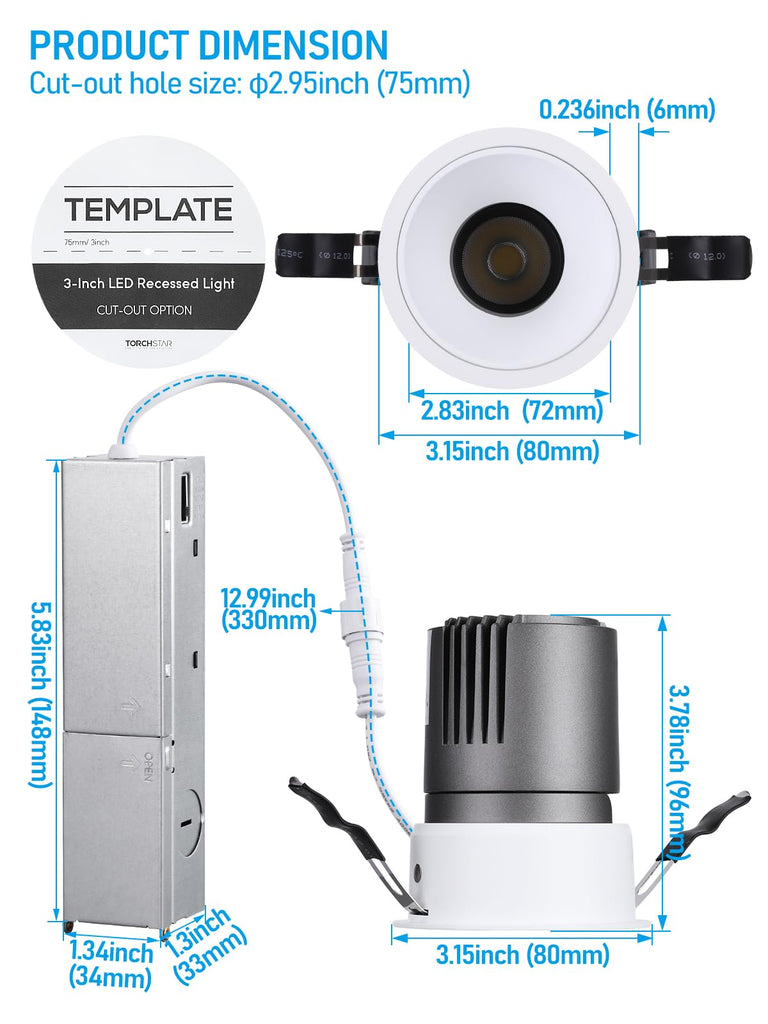 3 Inch 5CCT Zero Glare LED Recessed Lights with J-Box