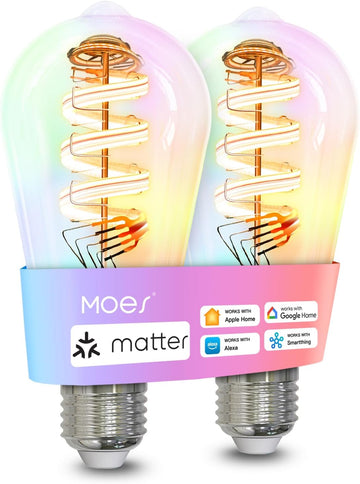 Matter WiFi ST64 Edison Smart Bulbs, Color Changing Light Bulb, 16 Million RGB Colors & Tunable White, Works with Apple Home, Alexa, Google Home, E26 Dimmable 5W (40W Equivalent), 2-Pack