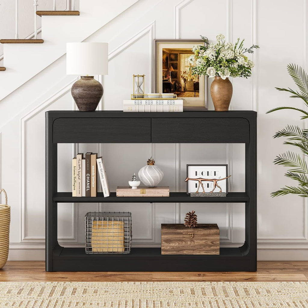 Console Table with 2 Drawers, 43.3 Inch Farmhouse Narrow Entryway Table with Storage Shelves, Rustic Sofa Tables