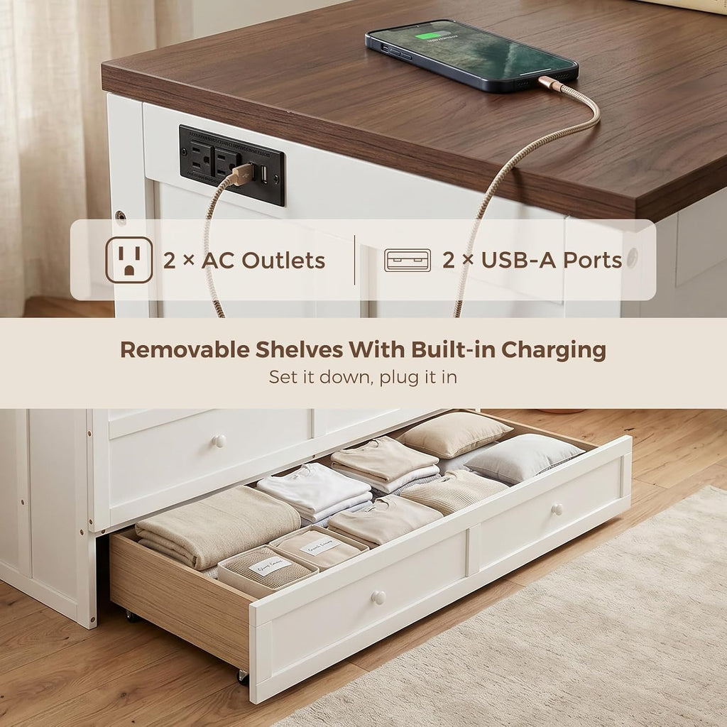 Queen Murphy Bed with Storage Drawer and USB Port, Wall Murphy Bed Frame with Charging Station, Foldable Cabinet