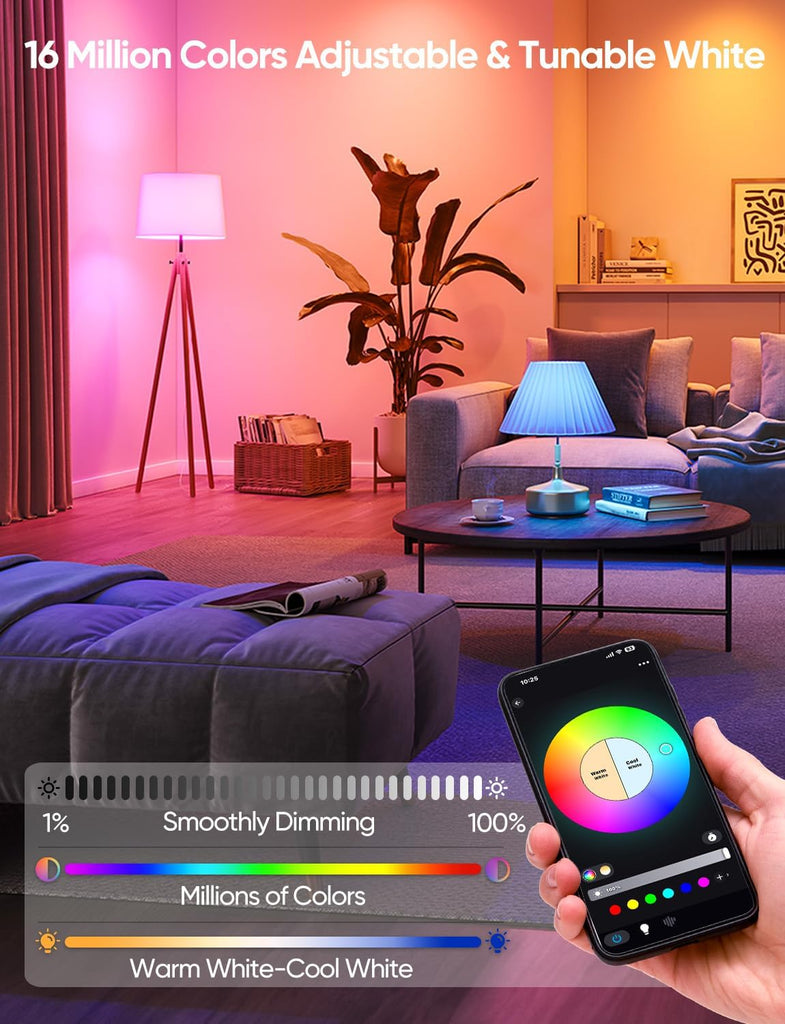 Smart A19 LED Light Bulbs, 60W Equivalent 800LM Color Changing E26 9W Bluetooth Light Bulbs with Remote Control, 16 (2-Pack)