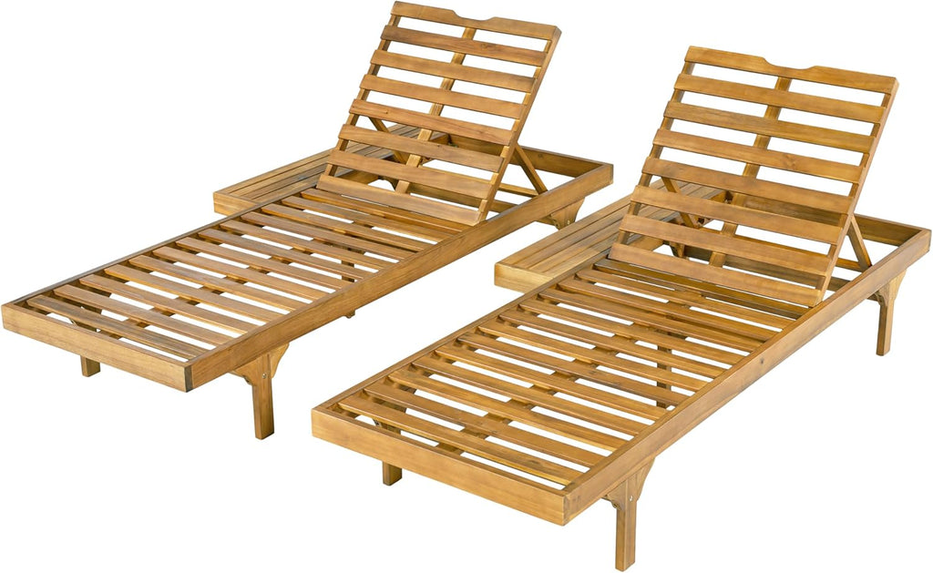 Acacia Wood Chaise Lounge Chair Set of 2, Double/Single Outdoor Sunbathing Pool Lounger, Patio Wooden Adjustable