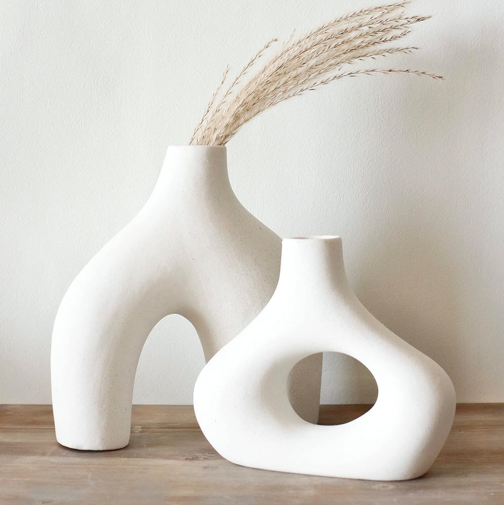 Donut Vase, Set of 2 - White Large Ceramic Vase - Minimalist Nordic, Hollow | Table Centerpiece, Olive Plant, Wedding