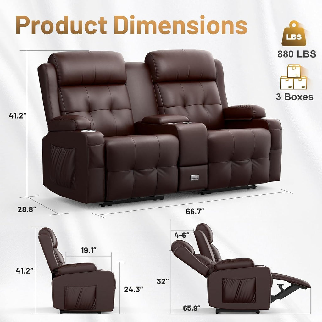 Loveseat Recliner Sofa, Home Theater Seating with Massage, RV Wall Hugger Reclining Couch with Console, USB
