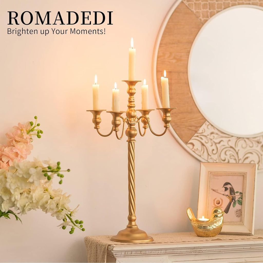 Candelabra Gold Candle Stand: 21'' Tall 5-Branch Candlestick Holderoliday Event Reception Decoration, Set of 2