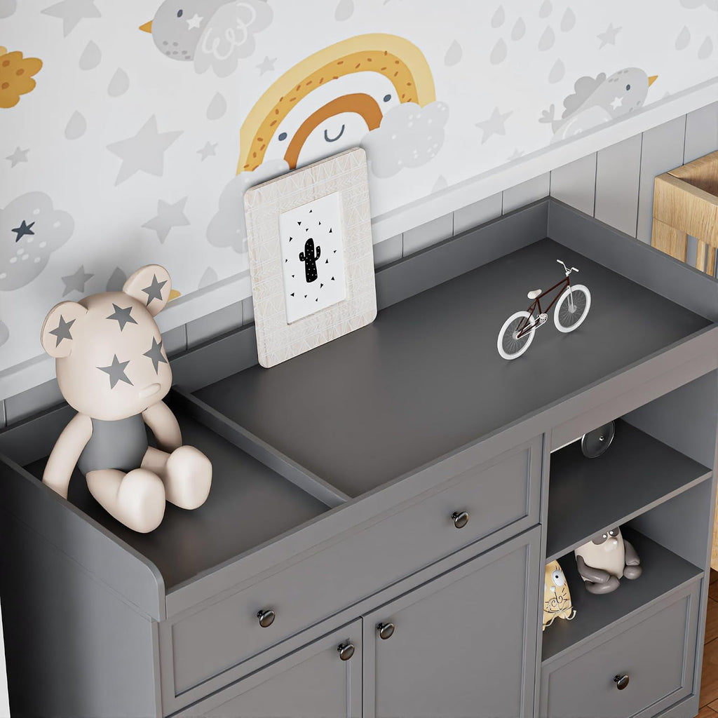 Wide Baby Changing Table Dresser with 2 Doors, 2 Different Size Drawers &Storage Cubbies, Durable Wood Construction