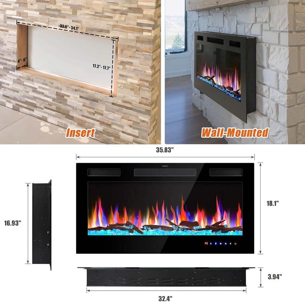 36" Electric Fireplace Inserts - Recessed Fire Place and Wall Fireplace Heater
