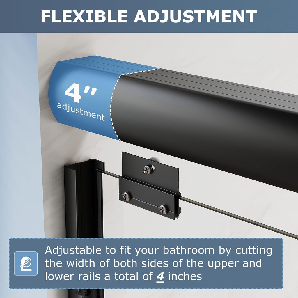 Double Sliding Glass Door 48" W x 72" H Shower Door 1/4" Tempered Glass Sliding Door Semi-Frameless Shower Glass