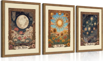 Tarot Card Wall Art Set of 3, Boho Floral Moon and Stars Canvas Wall Decor Painting, Vintage Sun And Moon Celestial