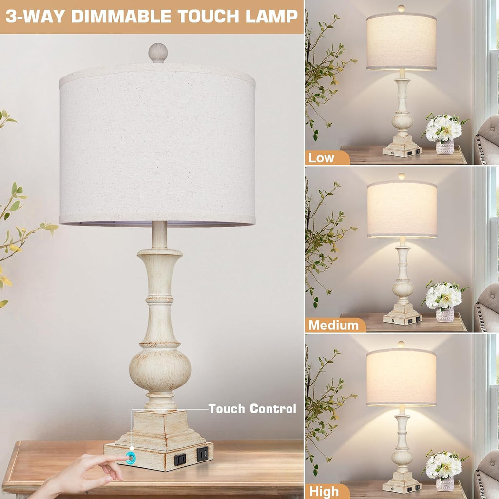26" Farmhouse Table Lamp, Vintage Rustic Touch Control Bedside Lamp with 2 USB Ports & AC Outlet