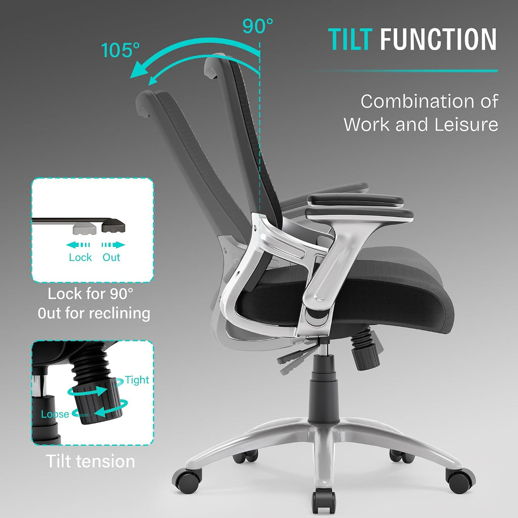Ergonomic Computer Desk Chair, Sturdy Executive Task Chair - Adjustable Lumbar Support, Flip-up Arms, Tilt Function