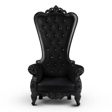 Throne Chair, Ornate Tufted Chair with Vegan Leather Cushions, Glass Buttons & Victorian Carvings, Solid Eucalyptus