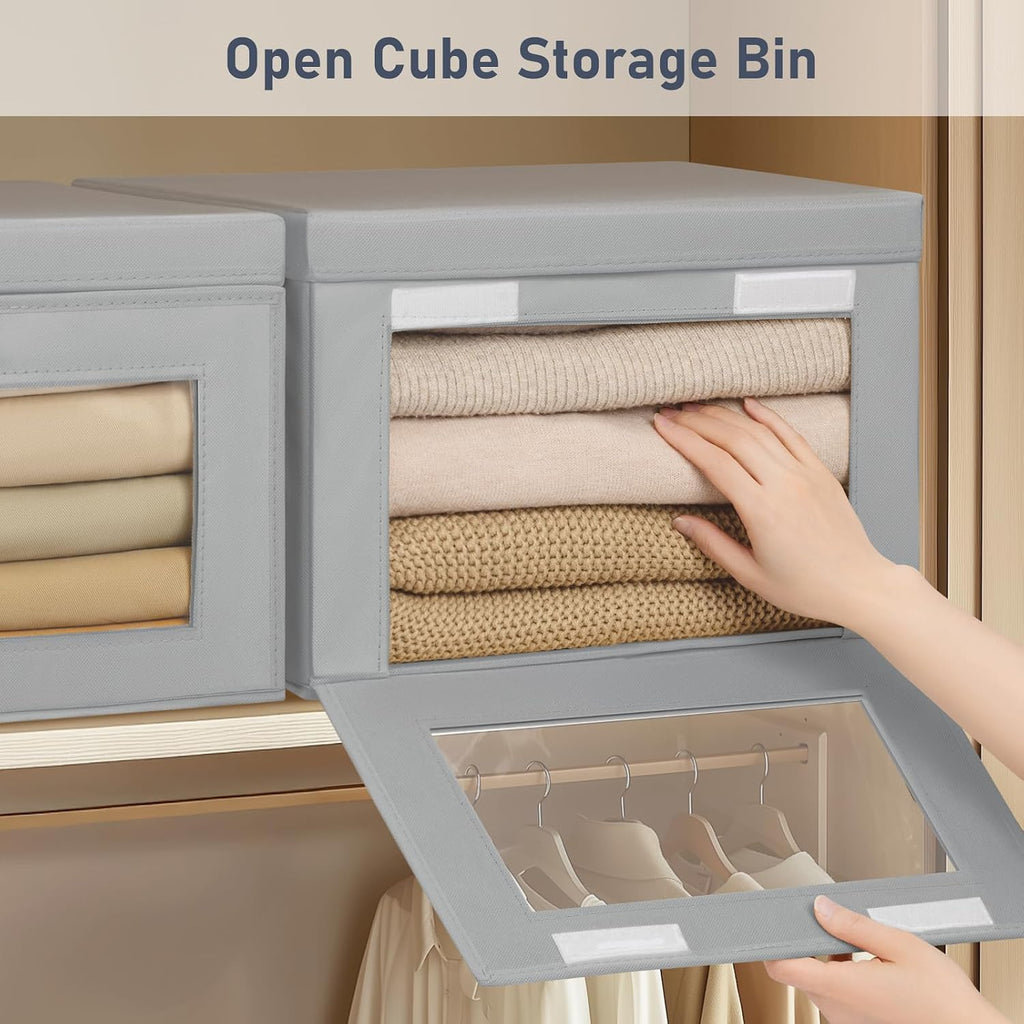Storage Bins with Lids - 4 Pack Large Fabric Closet Organizer with Window & Handles, Collapsible Decorative Storage
